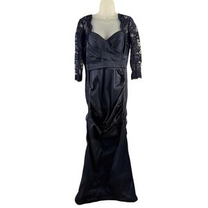 Teri Jon Dress Womens 8 Navy Blue Lace Sequin Mermaid Maxi Ruched Formal Gown